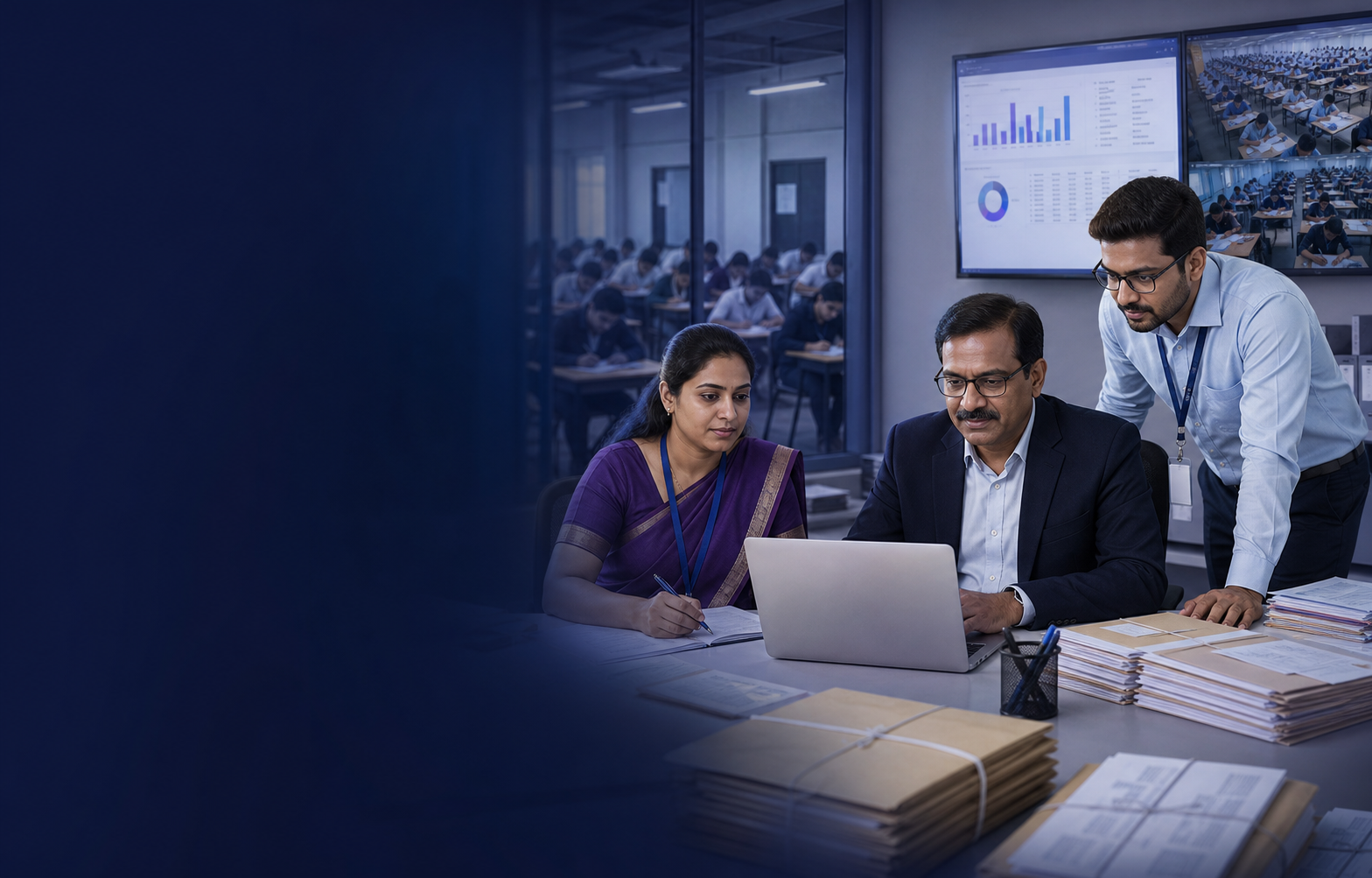 University examination team reviewing secure exam operations and results