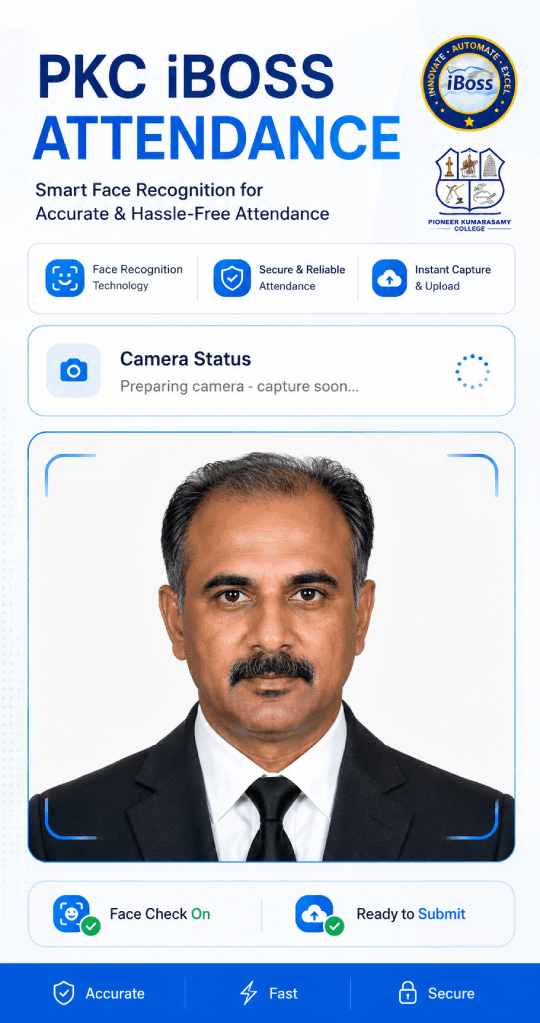 Geo-tagged staff attendance capture screen with face check and camera status