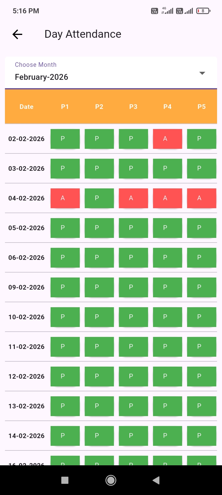 Mobile attendance marking screen with present and absent period tiles