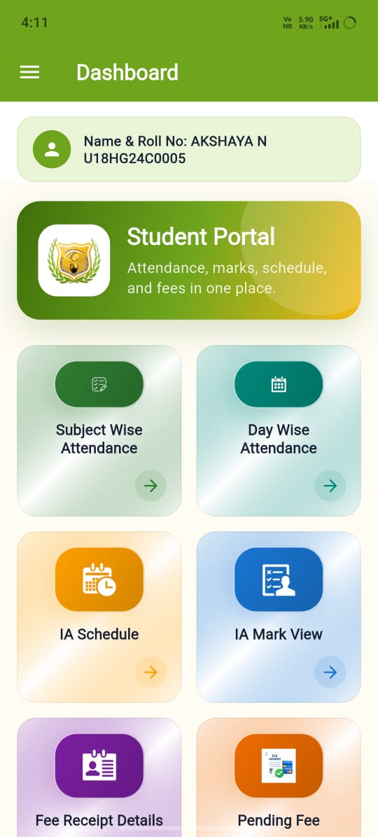 iBoss student mobile app dashboard with attendance, marks, schedule, and fee shortcuts