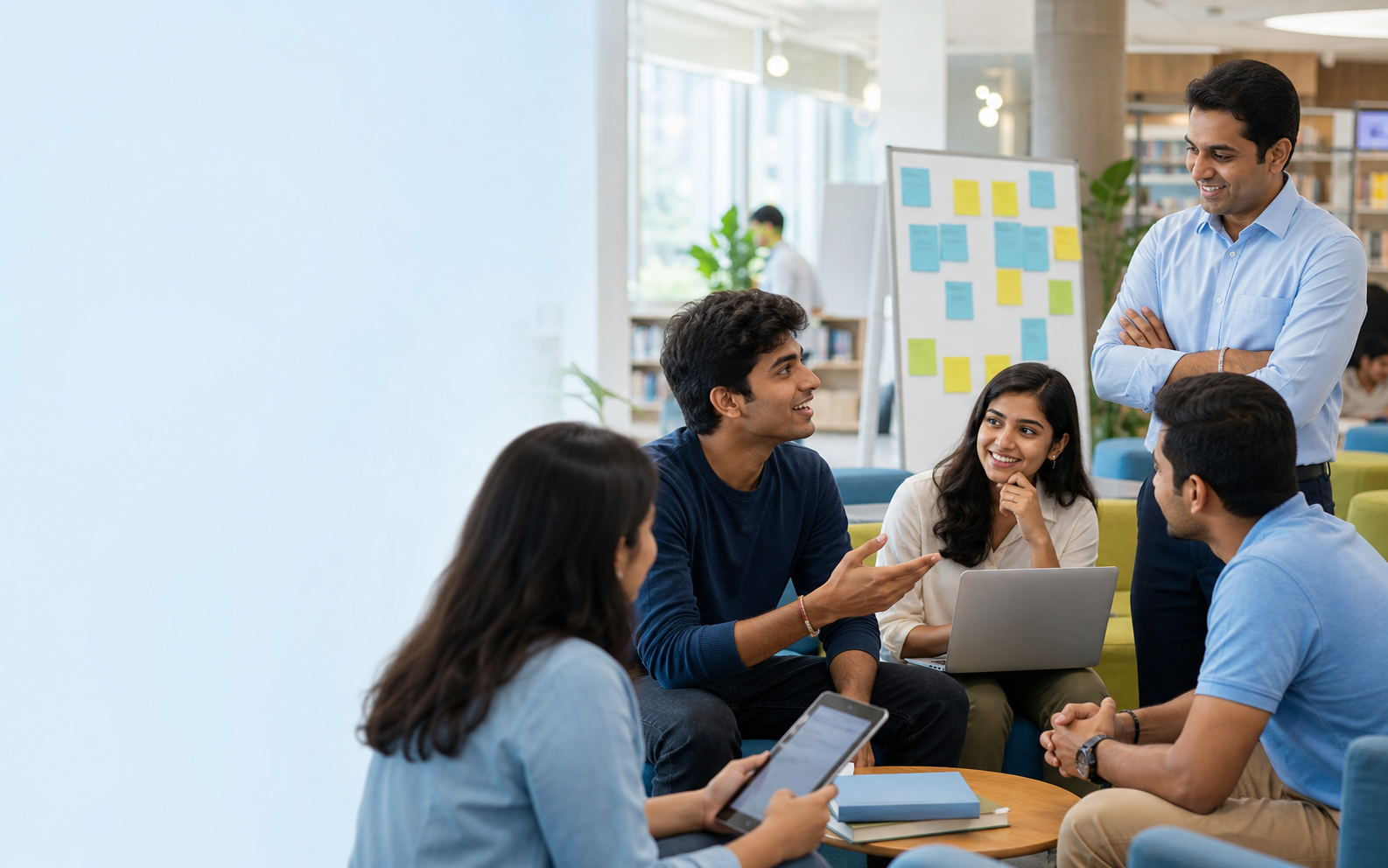 College students sharing feedback with a faculty facilitator in a modern campus space