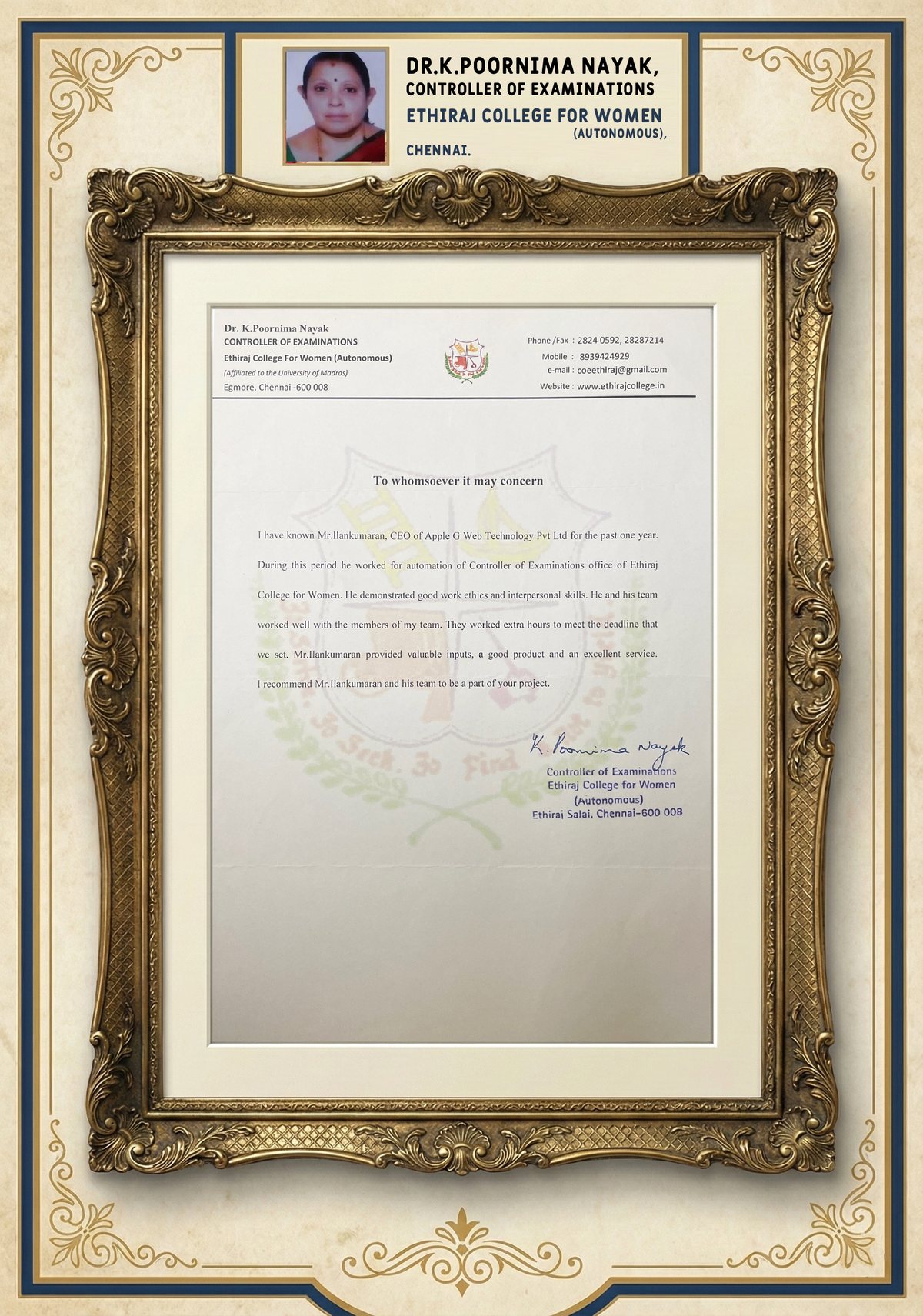 Ethiraj College for Women Controller of Examinations testimonial certificate from Dr K Poornima Nayak
