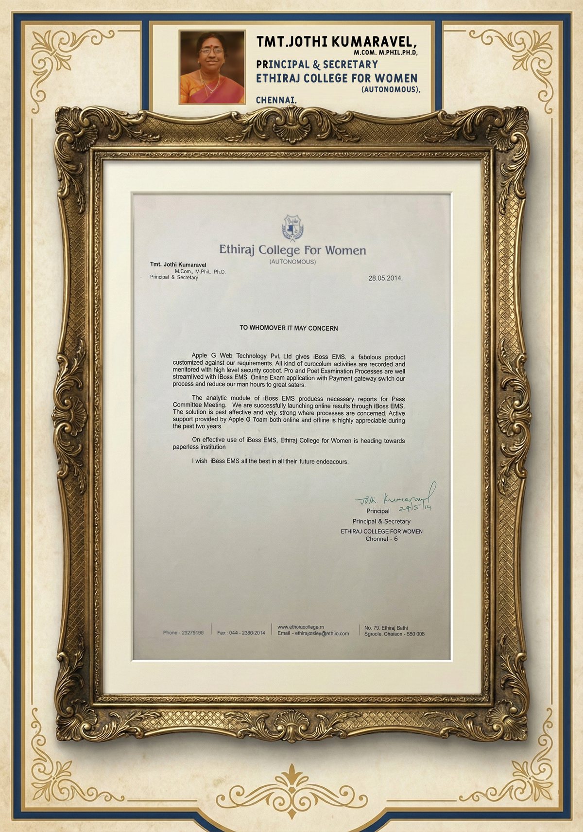 Ethiraj College for Women testimonial certificate from Tmt. Jothi Kumaravel