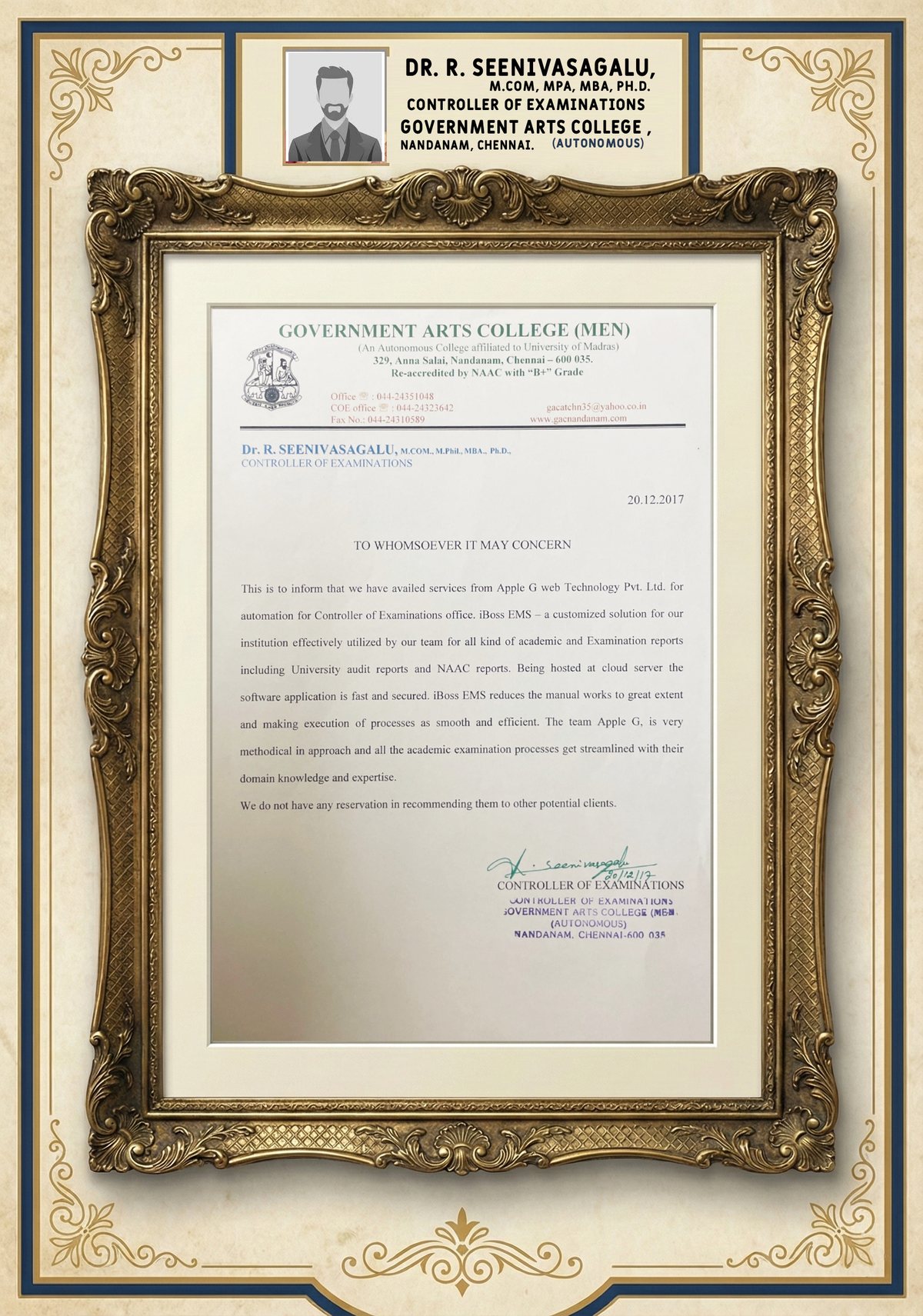 Government Arts College Nandanam testimonial certificate from Dr R Seenivasagalu