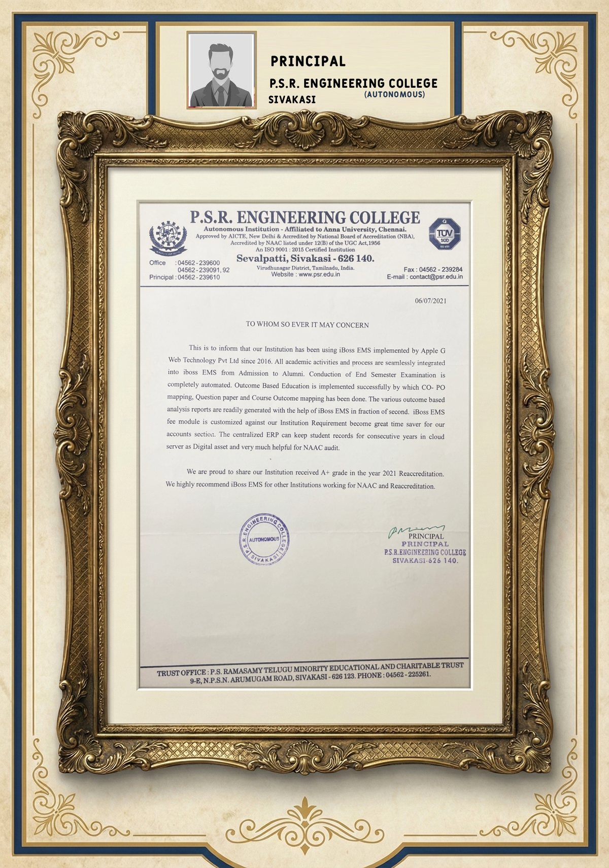 P S R Engineering College testimonial certificate