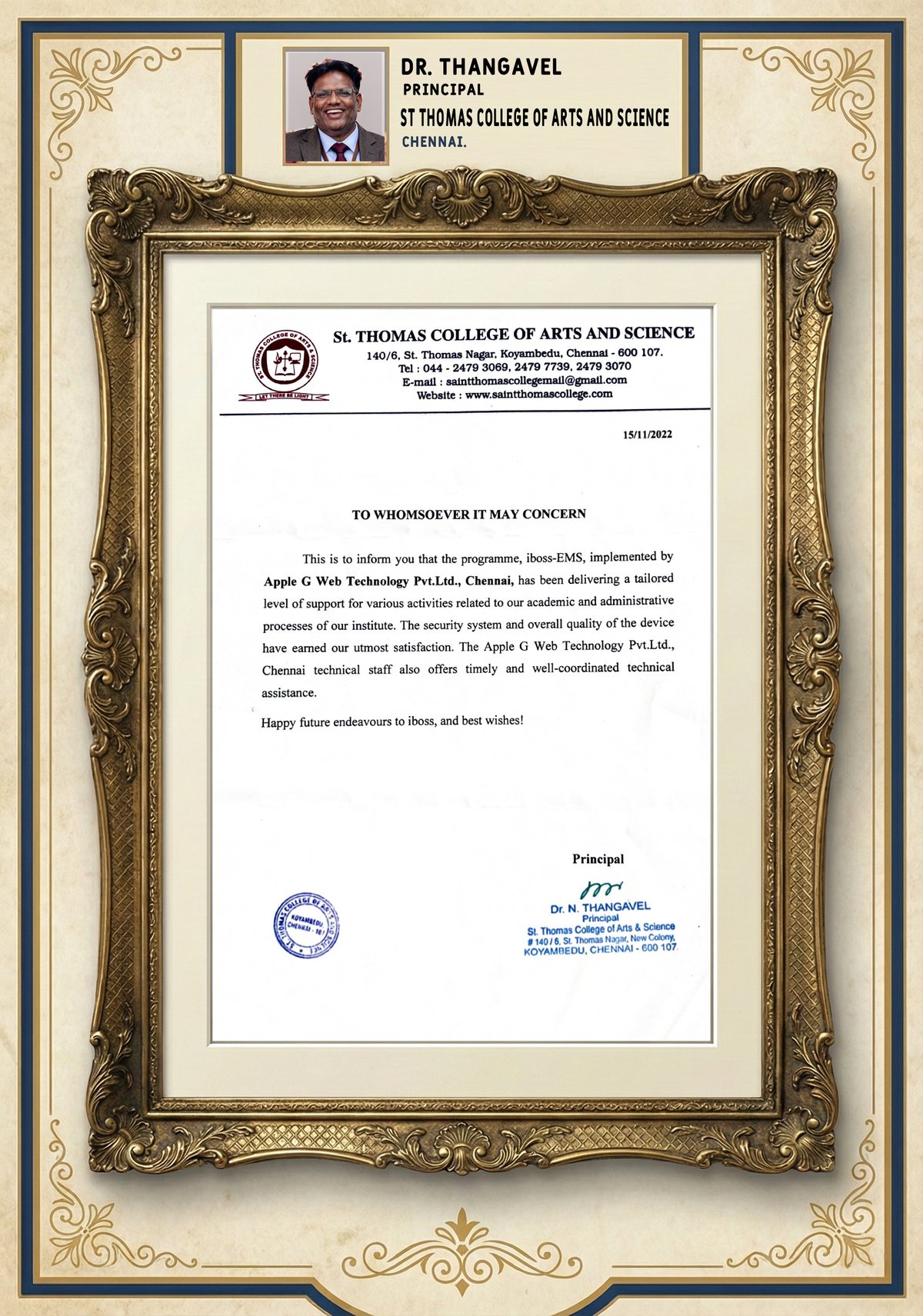 St Thomas College of Arts and Science testimonial certificate from Dr. Thangavel